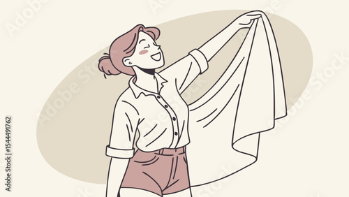 A woman in shorts and a button up shirt is smiling and holding up a white cloth in her right hand high up