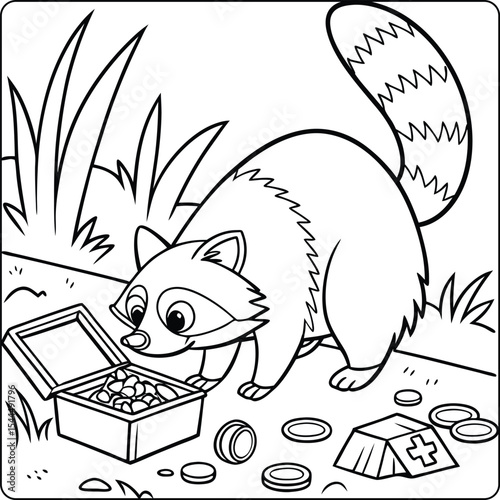 Adorable Raccoon Discovering Treasure A Fun Coloring Page