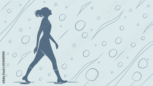 Silhouette of a woman walking with geometric shapes and circles in a light blue background design art