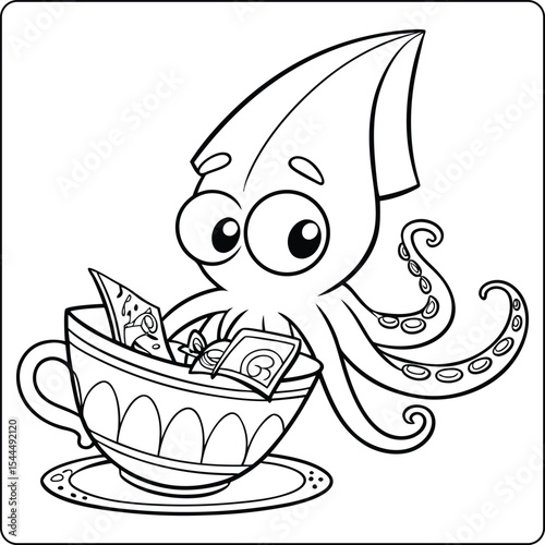 Adorable Squid in a Teacup A Fun Coloring Page Featuring a Cute Cephalopod
