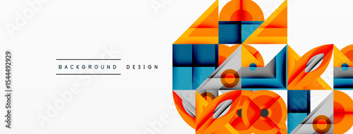 Abstract geometric shapes overlap, creating vibrant design. Orange, blue hues dominate composition. Modern aesthetic, clean lines present.