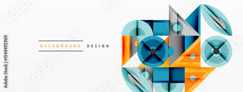 Abstract geometric shapes overlap, creating vibrant design. Blue, orange hues dominate composition. Modern aesthetic, clean lines present.