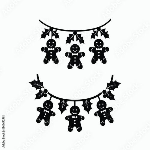 Festive Holiday Garland Silhouette – Gingerbread Men and Holly Leaves Christmas Decoration.
