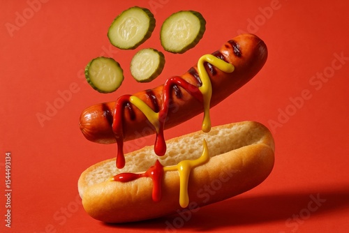 Gourmet Hot Dog with Mustard, Ketchup, and Relish Falling onto a Bun