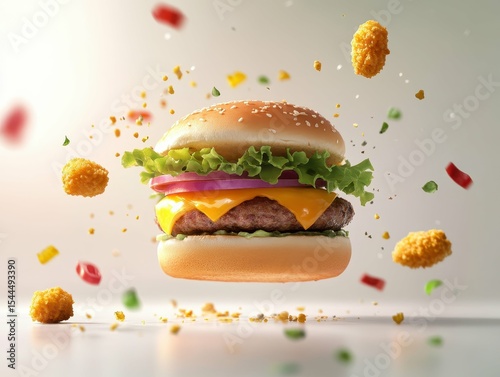 flawless image of food assortment with cheeseburger and nuggets