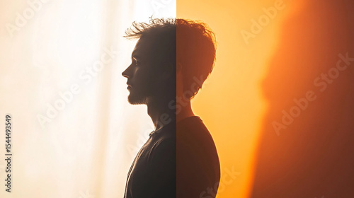 A striking silhouette of a man in profile, contrasted with bright light and warm hues.