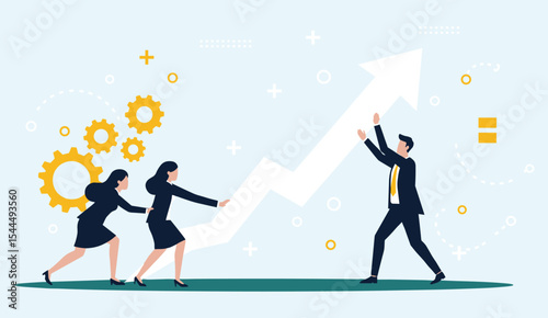 Business Team Collaboration Driving Growth, Success, and Performance Management Towards Achieving Organizational Goals and Financial Targets flat vector illustration