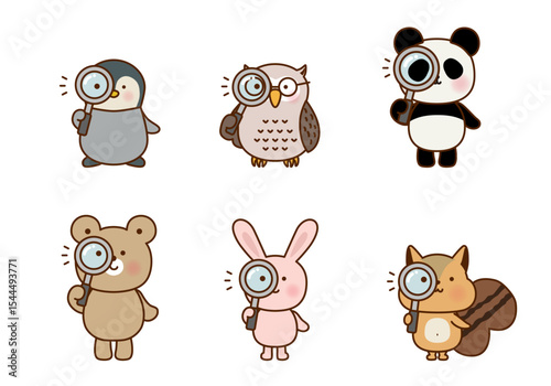虫眼鏡を持つかわいい動物たちの観察イラストセット
