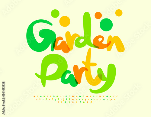 Vector Playful invitation Garden Party. Holiday Colorful Font. Trendy Alphabet Letters and Numbers set. 