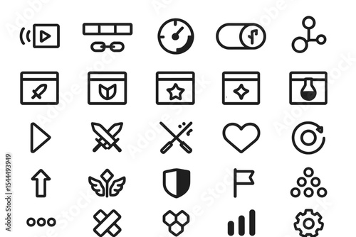 Set of various icons, including multimedia, tools, and symbols for digital design.
