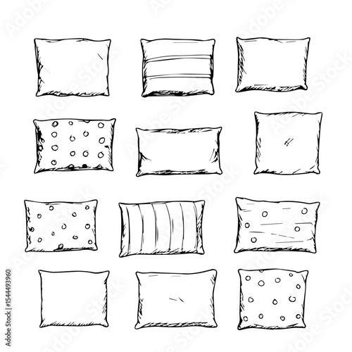Collection of twelve hand-drawn pillows with various patterns and textures. Pillow designs include polka dots, stripes, and solid colors.  This sketch set is perfect for textile design,