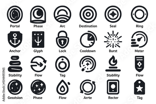 Dark UI icon set with mystical symbols like portals, glyphs, and energy flows