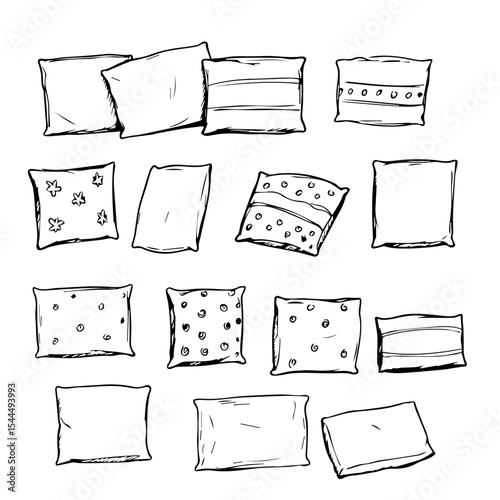 Decorative pillows collection, various shapes and sizes, simple line drawings of home textile.  Pillow designs include floral patterns, stripes, and dots.
