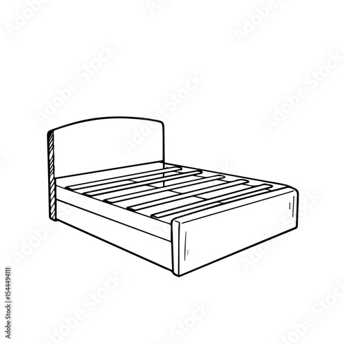 Modern double bed sketch with upholstered headboard and storage drawers. Detailed line drawing shows comfortable bed frame with slatted base.