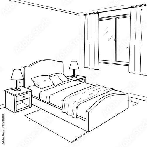 Simple bedroom sketch with bed, nightstands, and curtains.  Cozy room drawing showing comfortable bed linen and bedside tables with lamps.