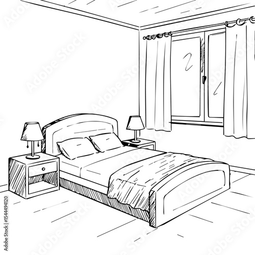 Cozy bedroom sketch with double bed and nightstands. Simple bedroom interior drawing includes comfortable bed with pillows and blanket.