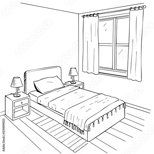 Simple bedroom interior sketch with single bed nightstands and window curtains. Cozy bedroom design with comfortable bed and bedside tables with lamps.