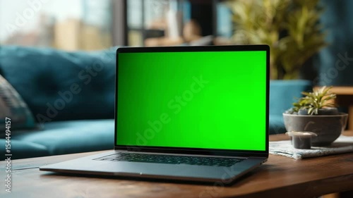 Green screen mockup of a modern computer or laptop. Optical zoom aiming at a computer or laptop screen