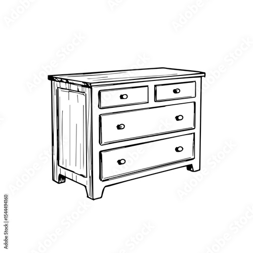 Wooden chest of drawers with four drawers and simple design. Classic wooden dresser with simple lines and functional drawers.