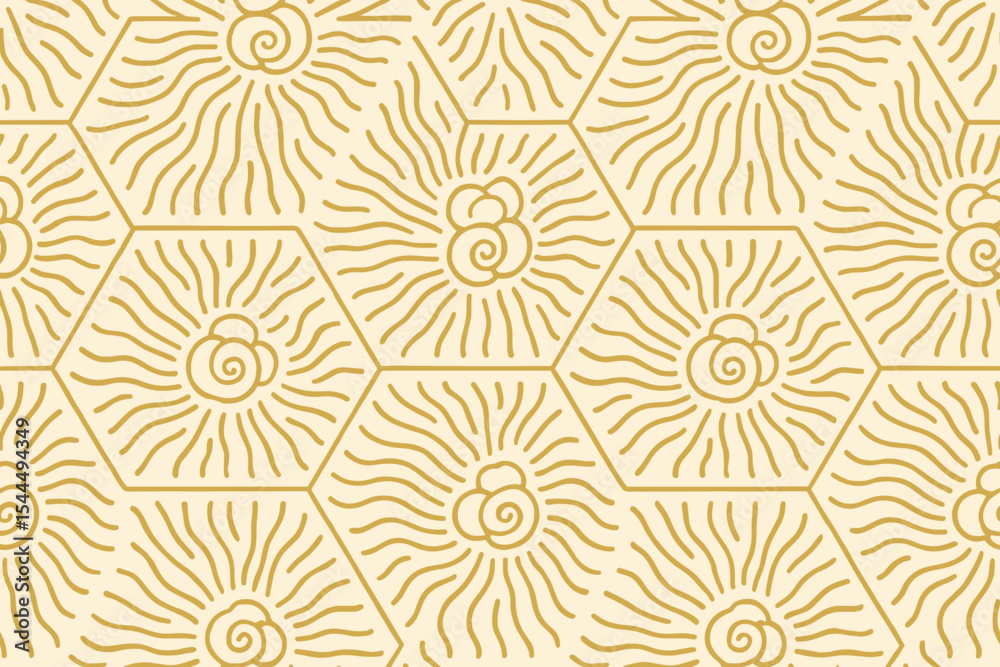 Seamless hexagonal sunburst pattern with hand-drawn golden lines