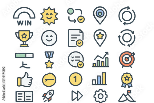Colorful achievement and progress UI icons with charts, goals, and rewards