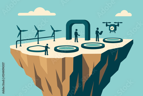 Futuristic floating platform with wind turbines, drone tech, and people