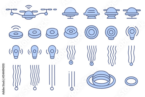 Futuristic UI icons featuring drones, UFOs, sensors, and signals