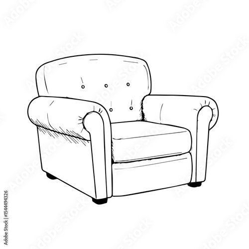 Comfortable armchair sketch for furniture catalog. Detailed armchair drawing shows rolled arms and button tufting.
