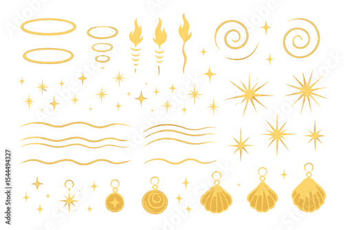 Golden glowing fantasy effects set with halos, stars, waves, and charms