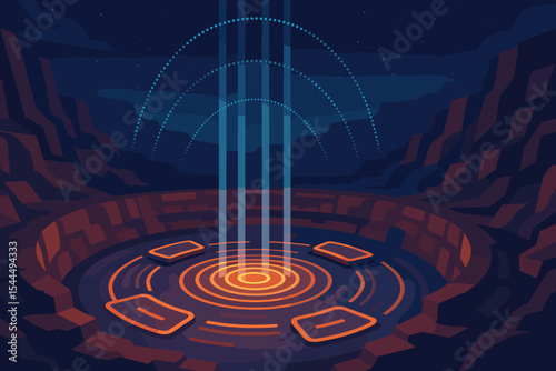 Futuristic sci-fi portal platform in a glowing canyon at night