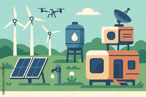 Flat design illustration of a sustainable tech farm with wind, solar, and drone