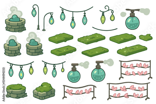Cartoon garden asset set with lamps, fountains, and mossy stones