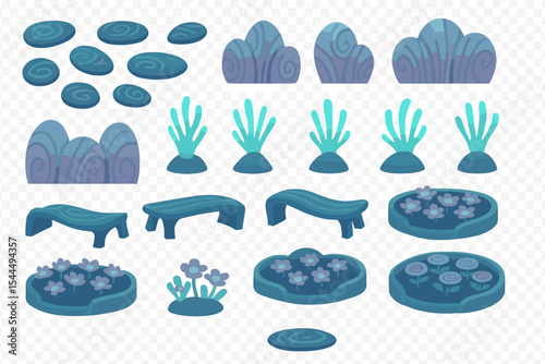Set of stylized garden elements including rocks, plants, benches, and flowerbeds in soft colors.