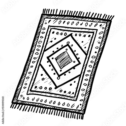 Stylish hand-drawn rug with geometric pattern and fringed edges.  Rug illustration shows detailed design elements including nested squares and dots.