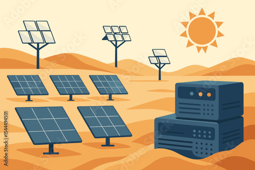 Illustration of solar panels and energy storage units in a desert landscape.