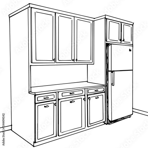 Kitchen cabinet design with refrigerator and drawers. Modern kitchen furniture includes upper and lower cabinets with sleek handles and spacious drawers.