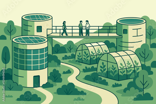 Futuristic eco-campus with solar towers, skywalk, and greenhouses