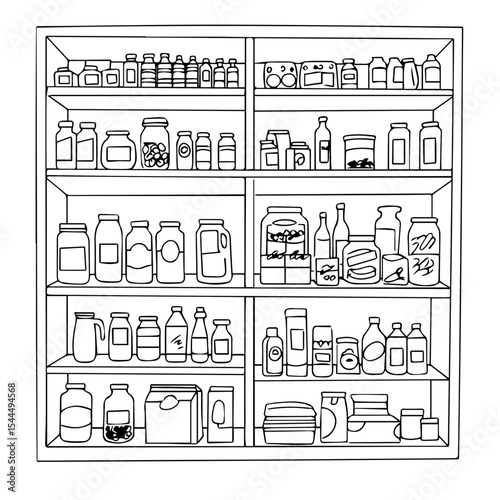 Organized pantry shelves with various jars and bottles. Food storage includes canned goods, spices, and containers.  Pantry organization concept for home decor magazines and interior design projects.