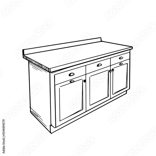 Kitchen island design with three drawers and three doors.  Detailed kitchen island sketch shows wooden construction with simple handles.