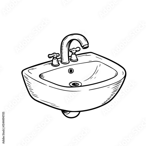 Simple bathroom sink with faucet and drain.  Clean bathroom sink design with classic chrome faucet and convenient drain. This simple sink illustration is perfect for interior design projects,