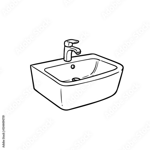 Modern bathroom sink with faucet. Compact rectangular washbasin design. Simple ceramic sink installation. This image is perfect for showcasing bathroom furniture and interior design catalogs.