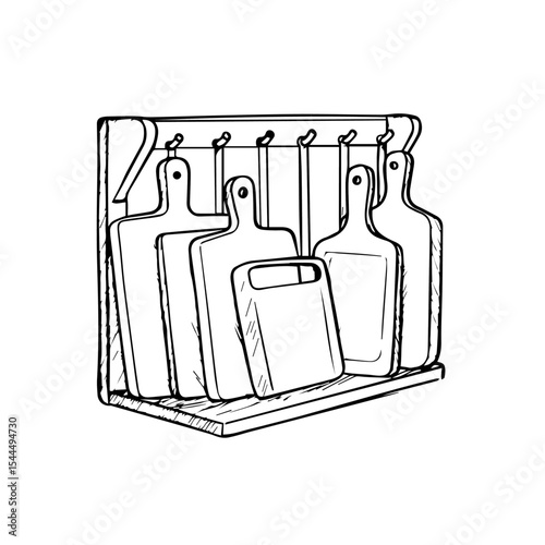 Wooden rack with hanging cutting boards.  Kitchen organization system with various sized cutting boards.  Set of different cutting boards for convenient cooking.