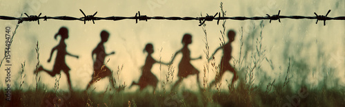 Double exposure silhouette of barbed wire with transparent overlay of diverse children playing in slow motion, vintage faded filter effect, conceptual contrast of freedom and restriction.