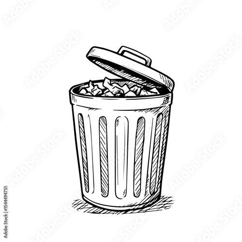 Open trash can with crumpled paper inside.  Full trash can with waste paper and a slightly open lid.  Trash can illustration perfect for waste disposal infographics or home decor design.