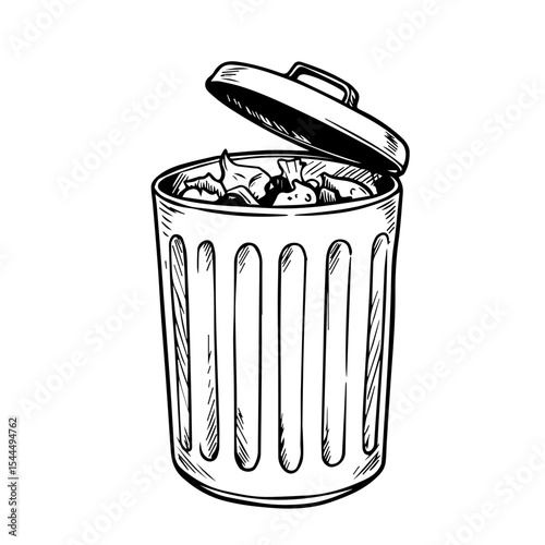 Full trash can with crumpled paper and waste inside. Open trash bin with garbage overflowing.  Trash can illustration for interior design, home decor, or furniture catalog.