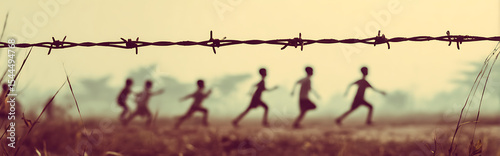 Double exposure silhouette of barbed wire with transparent overlay of diverse children playing in slow motion, vintage faded filter effect, conceptual contrast of freedom and restriction.