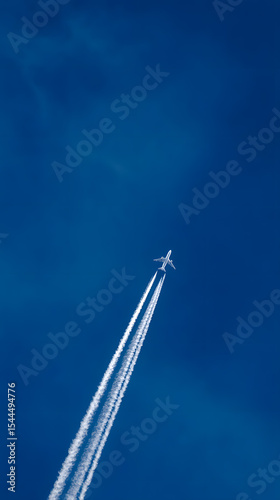 Passenger airplane with contrails flying high in the clear blue sky, captured from below.