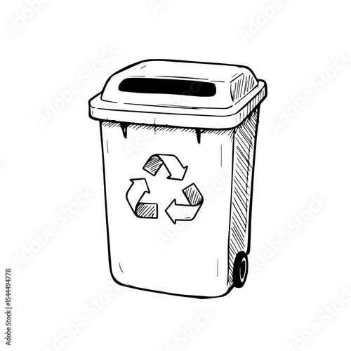 Recycling bin illustration with recycle symbol and lid. Simple drawing of wheelie bin for waste disposal.