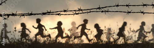 Double exposure silhouette of barbed wire with transparent overlay of diverse children playing in slow motion, vintage faded filter effect, conceptual contrast of freedom and restriction.