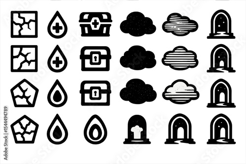 Dark fantasy game icons set featuring terrain, potions, chests, clouds, and doors